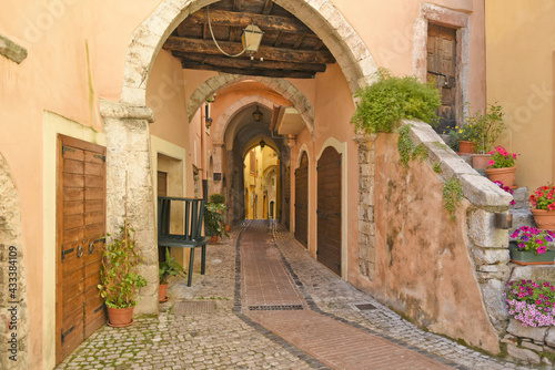 Sonnino, Italy, 05/10 / 2021. A street between old medieval stone buildings of a historic town in Lazio region, Italy. © Giambattista