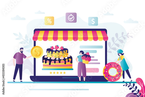 Male character orders sweets from online pastry shop. Big cake with score on laptop screen