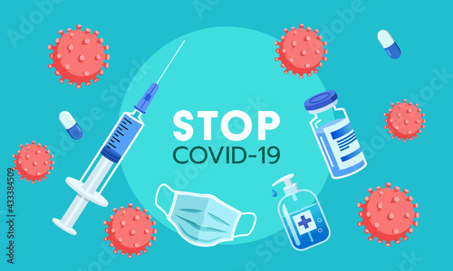 Prevention of disease by wearing a sanitizing mask with alcohol. And stop the epidemic 

with the COVID-19 coronavirus vaccine. flat design Vector illustration