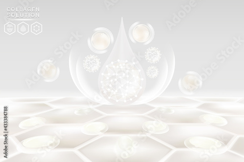 Hyaluronic acid skin solutions ad, white collagen serum drops with cosmetic advertising background ready to use, illustration vector.