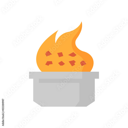 Smelting burning or heating vector icon. Consist of ore, fire, crucible or container. Process for casting in metallurgy or metallurgical production industry. In foundry, furnace or factory plant.