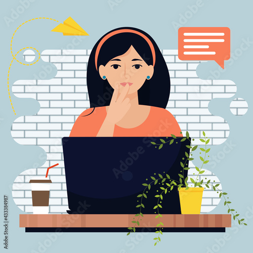 Thinking woman with laptop. Cute vector illustration in flat style