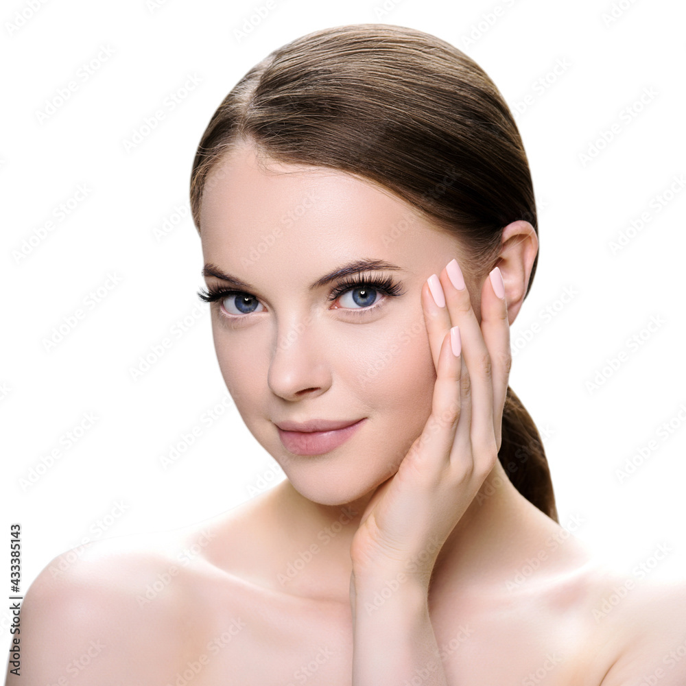 Beautiful woman healthy skin natural make up perfect lashes isolated on white Beautiful woman healthy skin natural make up perfect lashes isolated on white