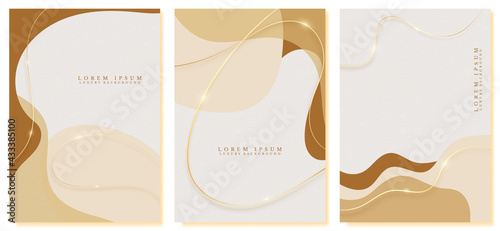 Set of minimalist luxury hand drawn fluid shapes background with golden lines sparkle. Vector illustration.