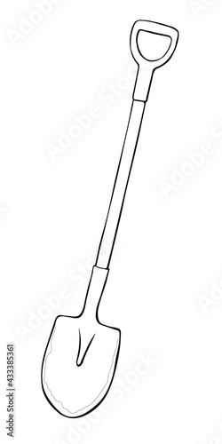 Vector black outline of garden shovel, spade, scoop. Tools for working on the farm, in the dacha, country site in the doodle style. Hand-drawn isolated illustration