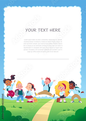 Vertical banner with multiracial happy school kids group with backpacks smiling, jumping and having fun on green lawn in sunny day. Vector flat cartoon illustration. For advertising, packaging.