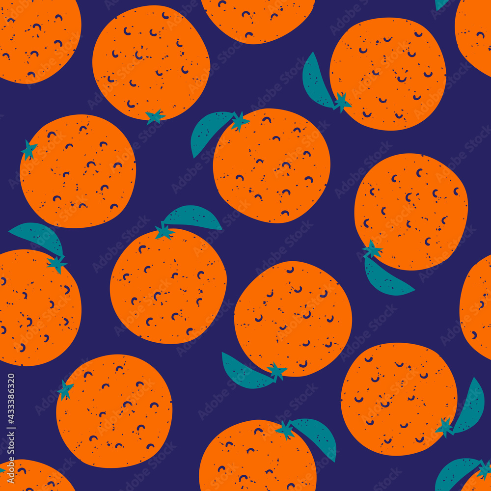 Fototapeta premium Bright colorful oranges vector seamless pattern on blue background.