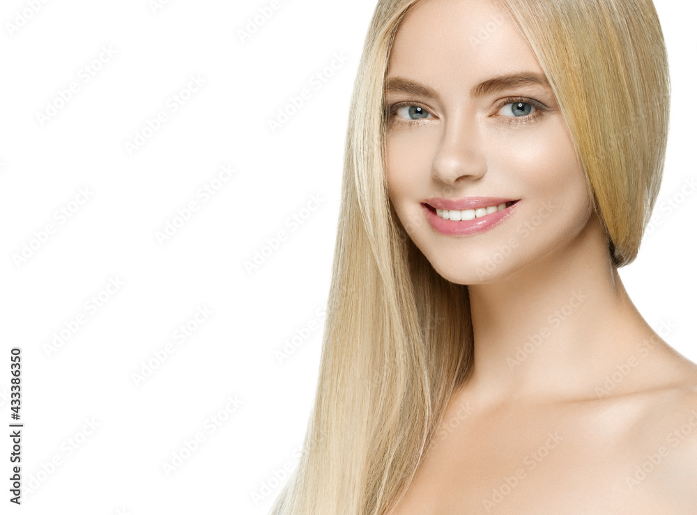 Fototapeta premium Blonde hair woman face beauty healthy skin close up isolated on white