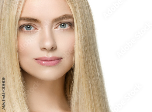 Blonde hair woman face beauty healthy skin close up isolated on white