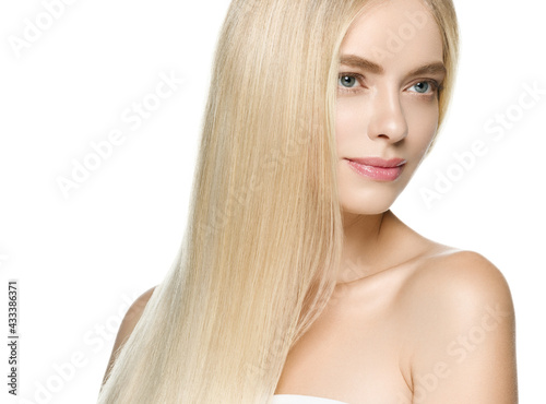 Blonde hair woman face beauty healthy skin close up isolated on white