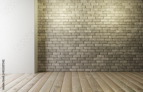 Brick wall with wood floor. Loft-style room design. Empty brick wall for your design placement. 3d rendering.
