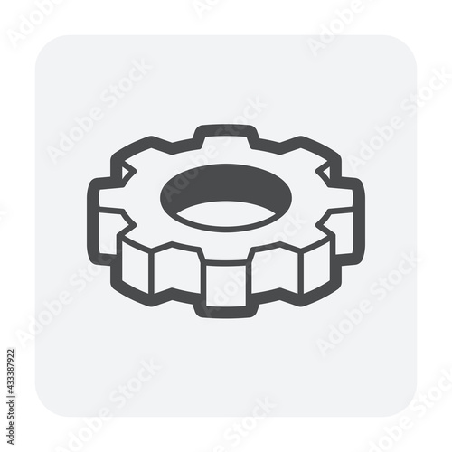 Gear vector icon. May called spur gear, cog wheel or cogwheel. Metal steel or solid part with round shape for mechanism in machine, transmission, engine. Concept of setting, industry and engineering.