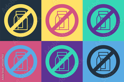 Pop art No pack of milk icon isolated Pop art background. Not allow milk. Allergy concept, lactose intolerance allergy warning sign. Vector