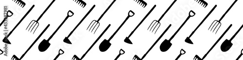 Canvas Print Seamless pattern with garden equipments: shovels, spades, rakes, hoes, pitchforks