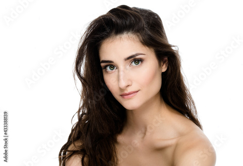 Young beautiful woman face healthy skin natural make up isolated on white