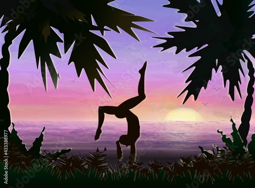 girl doing yoga at sunset in palm trees