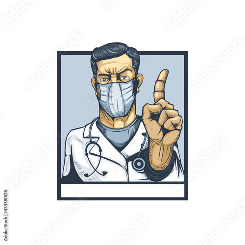 Doctor with finger gesture showing attention. Vector image.
