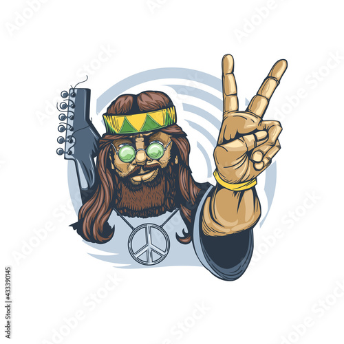 Bearded Hippie with a guitar behind his back showing the sign of freedom with his fingers. Can be printed on T-shirts.
