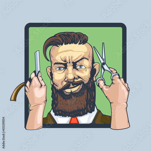 Fashionable bearded man with a beautiful haircut in a suit with two hands who cut and shave him.