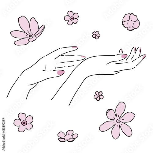 Beautiful woman hands with soft skin and elegant manicure. Pink flowers. Illustration, poster or background.