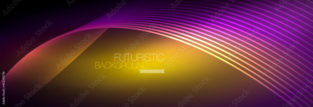 Abstract neon glowing light in the dark with waves. Shiny magic energy and motion concept, vector abstract wallpaper background Abstract neon glowing light in the dark with waves. Shiny magic energy and motion concept, vector abstract wallpaper background