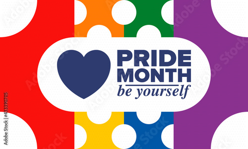 LGBTQIA Pride Month in June. Lesbian Gay Bisexual Transgender. Celebrated annual. LGBT flag. Rainbow love concept. Human rights and tolerance. Poster, card, banner and background. Vector illustration