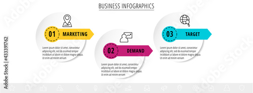 Vector infographics or timeline three circles cards connected by arrows. Business concept of 3 steps. Design template for diagram, web, banner, workflow layout