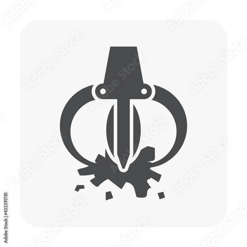 Scrap steel grabber vector icon. Also called grab bucket or scrap claw. Recycling machine part of crane with mechanical or hydraulic system. For scrap metal, iron, junk and garbage in yard, junkyard.
