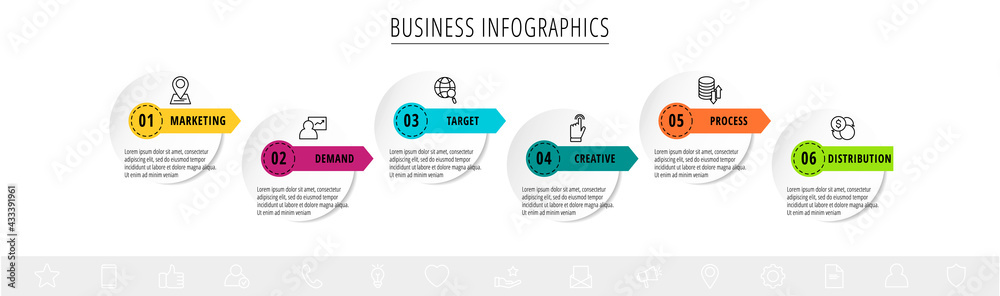 Vector infographics or timeline six circles cards connected by arrows. Business concept of 6 steps. Design template for diagram, web, banner, workflow layout, processes diagram