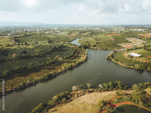 Aerial view of Tam Chau tea plantation in Bao Loc city, Lam Dong province, Vietnam © CravenA