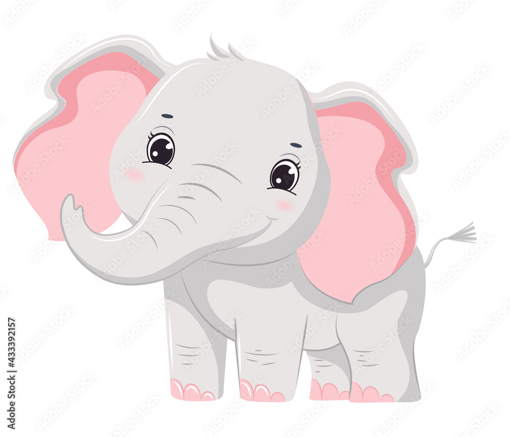 Fototapeta premium Cute cartoon grey smiling elephant baby. Children illustration