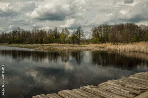 Spring or autumn lake in the forest and a rough wooden bridge. Dramatic sky with clouds. photo