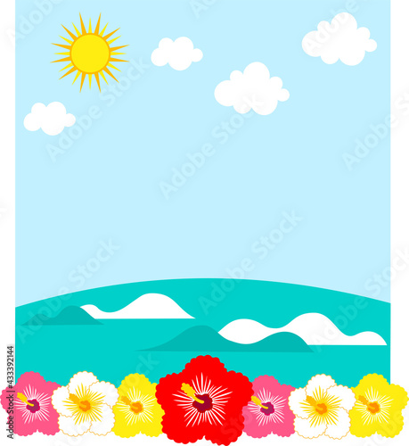 ハイビスカスと太陽と海の背景イラスト