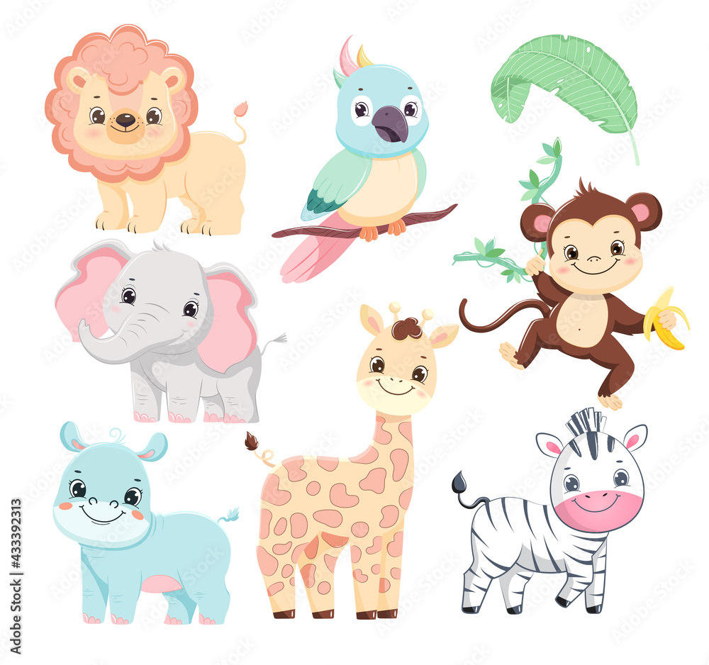 Collection of cute cartoon safari animals baby. Children illustration.Isolated on white background