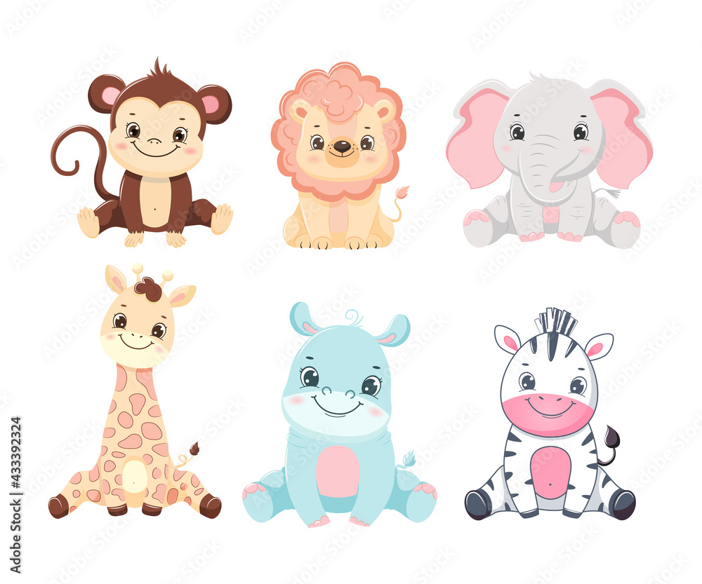 Fototapeta premium Collection of cute cartoon safari animals baby. Children illustration.Isolated on white background