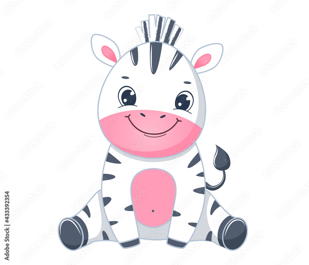 Fototapeta premium Cute cartoon zebra baby sits. Children illustration.Isolated on white background