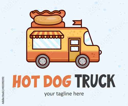 Hot dog food truck creative logo. Truck with a chef hat funny concept.