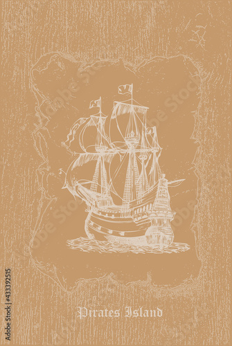 vector image of a vintage caravel in old engraving style