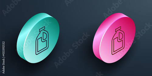 Isometric line Plastic bottle for laundry detergent, bleach, dishwashing liquid or another cleaning agent icon isolated on black background. Turquoise and pink circle button. Vector