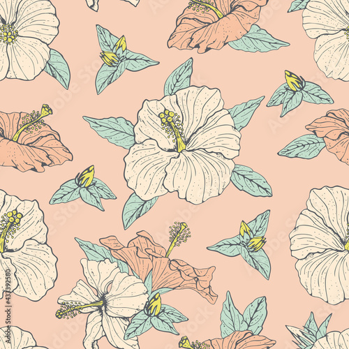 Vintage seamless pattern with line art white and pink hibiscus flowers, buds and leaves, with gray outline. On pink background. Stock vector illustration.