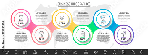 Vector infographics circles. Business concept of 6 options. Timeline step by step template with six labels for diagram, web, banner, presentations, flowchart, content, levels, chart, graphic