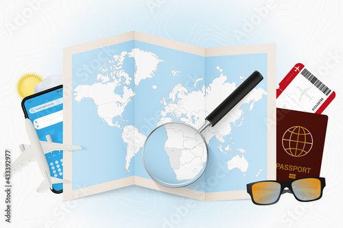 Travel destination Namibia, tourism mockup with travel equipment and world map with magnifying glass on a Namibia.