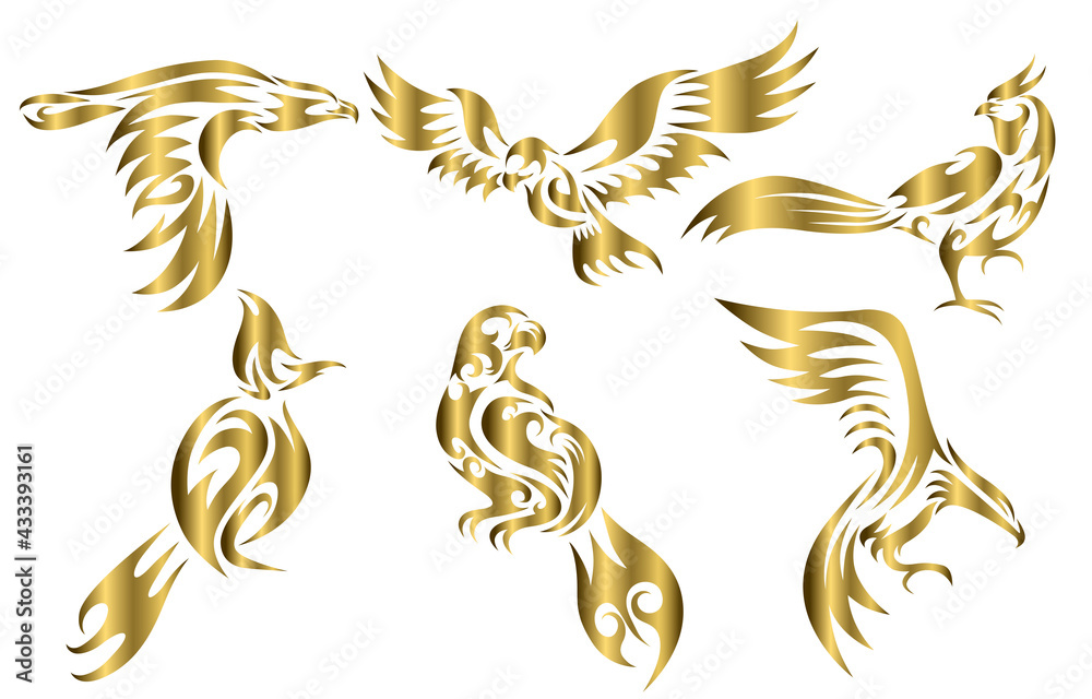 Set of six gold vector images of various birds such as eagle hawk pheasant and Spigot bulbul  Good use for symbol mascot icon avatar and logo