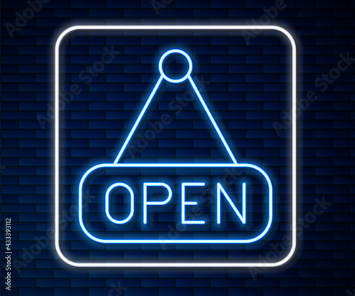 Glowing neon line Hanging sign with text Open door icon isolated on brick wall background. Vector