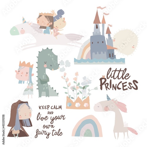 Set of cute little princesses, dragons and magic unicorns on white background