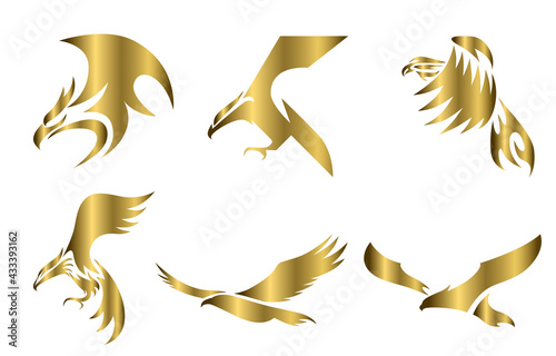 Bild auf Leinwand Set of six line art gold vector logo of eagle