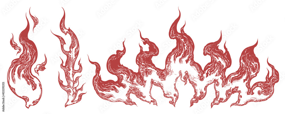 Puffs of flame. Design set. Editable hand drawn illustration. Vector vintage engraving. Isolated on white background. 8 EPS Puffs of flame. Design set. Editable hand drawn illustration. Vector vintage engraving. Isolated on white background. 8 EPS