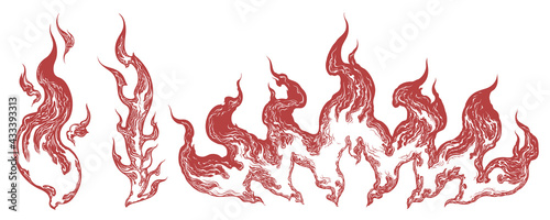 Puffs of flame. Design set. Editable hand drawn illustration. Vector vintage engraving. Isolated on white background. 8 EPS