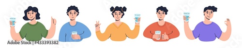 Set of happy people showing various positive gestures with glass of water. Water balance. Colored flat vector illustration isolated on white background