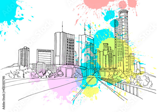 Modern urban landscape. Hand drawn line sketch. Tel Aviv, Ramat Gan, Israel. Vector illustration on colourful blobs background